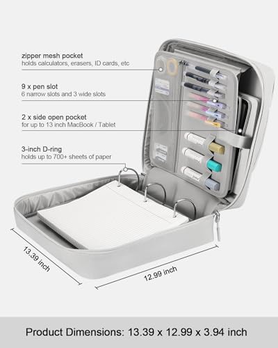 3-Inch 3-Ring Zipper Binder with Shoulder Strap and Multiple Pockets | D-Ring Zip Up Binder with 700 Sheets Capacity, Compatible with 13" MacBook/Tablet, for Middle School, Office, Gray - color: Gray