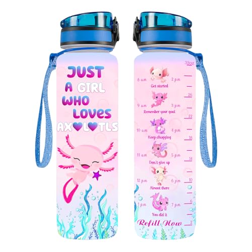 34HD Axolotl Gifts for Girls, 32 oz Water Bottle with Times to Drink, Motivational Tritan Frosted Water Bottle with Strap, Perfect Valentine Day or Birthday Present for Him Her - color: Axolotl Lovers