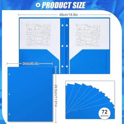 Yeaqee 72 Pcs Plastic Folders with Pockets Bulk 3 Hole Punched 2 Pocket File Folders for 3 Ring Binder Divider Folder for Notebooks, Durable Poly for Office Home (Blue) - color: Blue