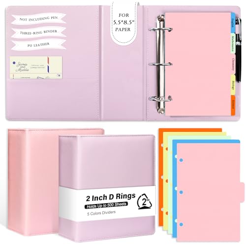 2 Pack 3 Ring Binder Junior Size Pu Leather 5.5" x 8.5" Binder Small Binder 2 Inch D Rings with 5 Colors Dividers Holds Up to 500 Sheets with Pen Loop Pocket for Office School(Purple&Pink) - color: Purple&pink, size: 2"D Ring