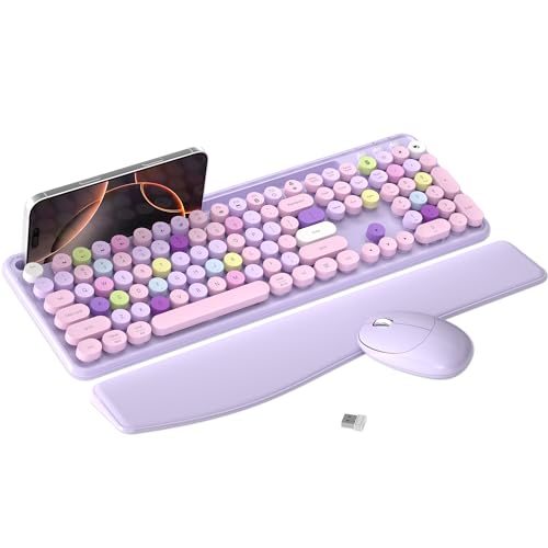 MPTOG Colorful Wireless Computer Keyboard and Mouse Combo with Phone Holder, Wrist Rest, Typewriter Keys, 2.4GHz Wireless, Full-Sized Optical Mouse for PC and Laptop (Purple) - color: Purple