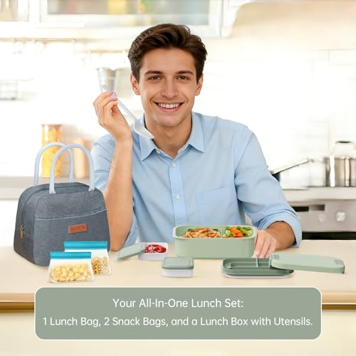 JBGOYON 4-in-1 Bento Box and Insulated Lunch Bag Set, Gray/Green | 6-hour insulation, 7.5 L lunch bag, leakproof 1.9 L container with 2 sauce cups, fork and spoon, 2 snack bags, BPA-fre - color: Light Green