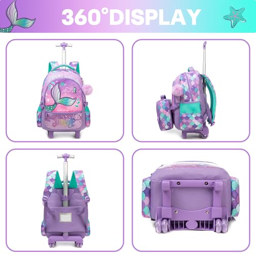 Meetbelify Mermaid Rolling Backpack for Girls Backpacks with Wheels for Elementary School Students Kids 3 in 1 Travel Luggage Suitcase with Lunch Box Pencil Case for Girls Age 8-10 - color: Mermaid 01