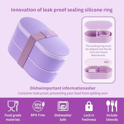 Bento Lunch Box Set -2 Stackable Adult And Women's Lunch Boxes - Including Lunch Bag, Leak Proof And Bisphenol Free A - Built-In Cutlery Set - Dishwasher Safe (Purple) - color: purple