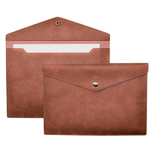 VANRA 1 Piece PU Leather File Folders A4 Document Holder File Envelope Waterproof Portfolio Filing File Organizer for Letter Size with Snap Button Closure, Brown - color: Brown