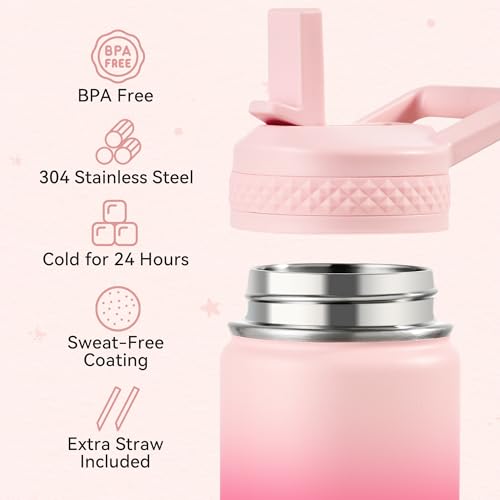 Fijinhom 12 oz Kids Water Bottle, Toddler Water Bottle with Straw, Boys&Girls Bottle for School, 304 Stainless Steel Vacuum Insulated Bottle for Kids, BPA-Free, Leak-Proof, Cherry Blossom - color: Cherry Blossom