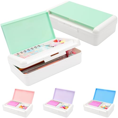 SFLHHDM Pencil Box, Double Layer Large Capacity, White Green, 1pcs | Plastic, Snap-tight Lid, Stackable Storage, For Gel Pen Pencils Crayons - color: White Green-1pcs