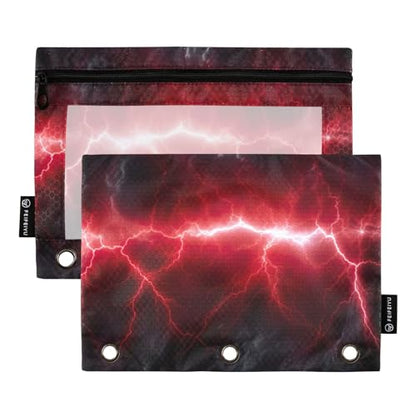 Pencil Pouch for 3 Ring Binder, 2 Pack Red Lightning Binder Pencil Pouch with Clear PVC Window, Zipper Pencil Case Organizer for Office School Supplies