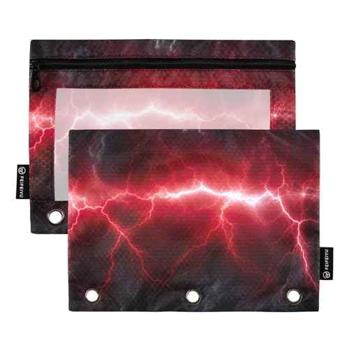 Pencil Pouch for 3 Ring Binder, 2 Pack Red Lightning Binder Pencil Pouch with Clear PVC Window, Zipper Pencil Case Organizer for Office School Supplies