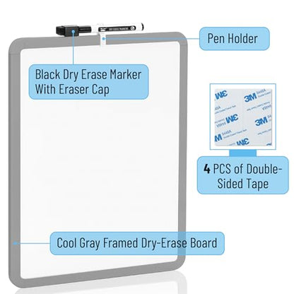 Mr. Pen- Dry Erase Board, 14” x 11” with a Black Dry Erase Marker | Gray Frame, Small Mini White Board for Students, Fridge, Wall, Locker, Includes Double Sided Tapes - color: Gray