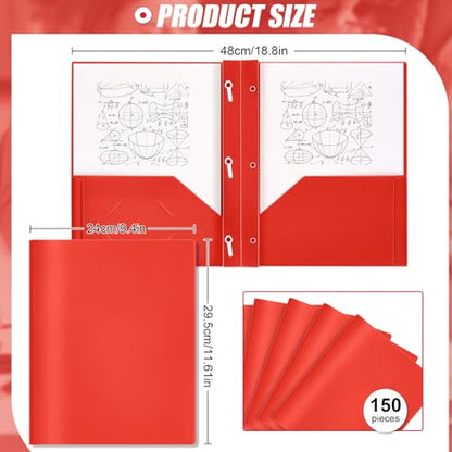 Yeaqee 150 Pack Plastic Folders with Prongs Heavy Duty Plastic 2 Pocket Folder with 3 Prongs, Business Card Slot for Back to School Office Home 11.6 x 9.5 Inch (Red) - color: Red