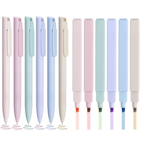 Bible Highlighters and Pens No Bleed, Cute Aesthetic Highlighters Pastel Gel Pens Colored Ink Quick Dry for Bible Journaling, Morandi Pens and Highlighters Set School Supplies, 12 Pack