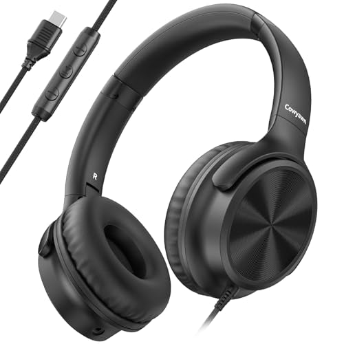 Cowyawn USB C Headphones Wired, Over Ear USB C Wired Headphones with Microphone, Volume Control, HD Stereo Sound, Foldable USB Type C Headphone for Adult/Teens/Laptop/Computer/iPhone 15/16/17, Black - color: Black
