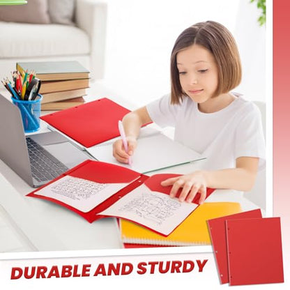 Yeaqee 50 Pcs Plastic Folders with Pockets Bulk 3 Hole Punched 2 Pocket File Folders for 3 Ring Binder Divider Folder for Notebooks, Durable Poly for Office Home (Red) - color: Red