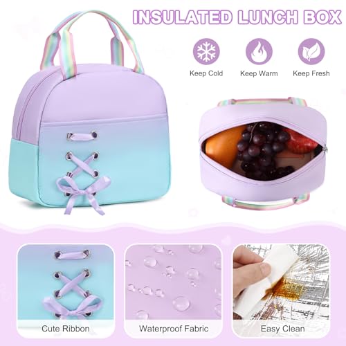 Scothen Backpack for Girls with Bento Lunch Box Set, School Bag Bookbag for Teens Girls Kids Student, 43oz Lunch Containers Lunchbox, Insulated Lunch Bag & Pencial Case, Back to School Gifts - color: Purple Blue