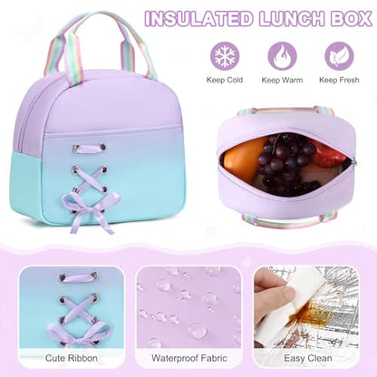 Scothen Backpack for Girls with Bento Lunch Box Set, School Bag Bookbag for Teens Girls Kids Student, 43oz Lunch Containers Lunchbox, Insulated Lunch Bag & Pencial Case, Back to School Gifts - color: Purple Blue