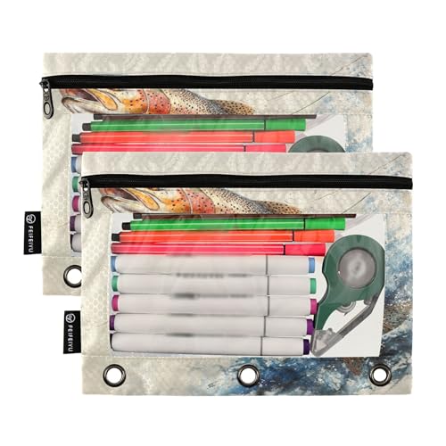 Retro Trout Beige Binder Pencil Pouch 3 Ring Clear Pouches with Zipper Pen Organizer for Office College School, 2 Pack - color: Multi-retro Trout Beige