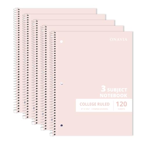 ONAVIA Pink 3 Subject Spiral Notebook College Ruled 5 Pack, 240 Pages | 120 Sheets, 8 x 10.5 in, 3 Dividers, Double-Sided Pockets, School Notebook, Study, Homework, Students - color: Pink