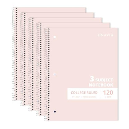ONAVIA Pink 3 Subject Spiral Notebook College Ruled 5 Pack, 240 Pages | 120 Sheets, 8 x 10.5 in, 3 Dividers, Double-Sided Pockets, School Notebook, Study, Homework, Students - color: Pink