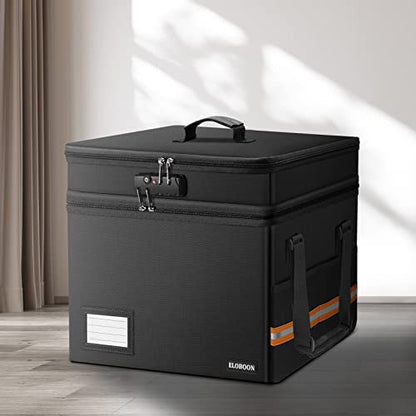 Fireproof Document Box with 13 Pocket Accordian File Folder | Water-Resistant File Organizer Box with Lock, Collapsible File Storage Cabinet for Hanging Letter/Legal Folder, Black