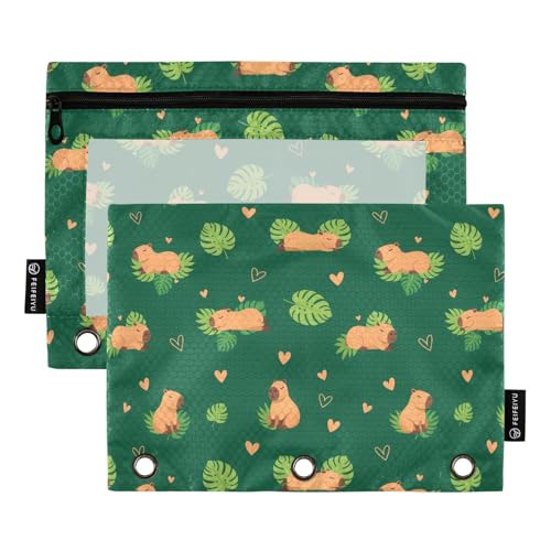 Emelivor Capybara Dark Green Pencil Pouch for 3 Ring Binder 2 Pcs Pockets Pencil Pouches Bag with Clear Pencil Case Cosmetic Bag for Storing College Office Supplies - color: 18-Capybara Dark Green