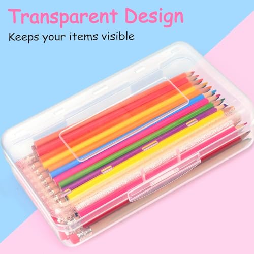 Sooez 1 Pack Pencil Case, Clear Pencil Box with Stickers, Large Plastic Crayon Box with Snap-tight Lid, Stackable Storage Box Art Craft Marker Organizer Box for Kids Boys Back to School, Pink | Clear Pink, Large Capacity, Stickers, Snap-tight Lid, Stackab