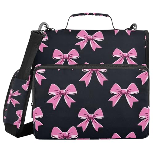 3 Ring Zipper Binder with Shoulder Strap Pink Bow Tie Black 2 Inch Zippered Binder Bag 500 Sheet Capacity Multi Pockets for School Supplies - color: Multi22