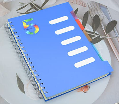 5 Subject Notebook, 2 Pcs Green and Dark Blue 10 Inch x 7 Inch B5 Spiral Notebook With Waterproof Plastic Softcover, 300 Pages 80 Gsm College Ruled Papers With 5 Sheets Colorful Movable Dividers - color: Green and Dark Blue