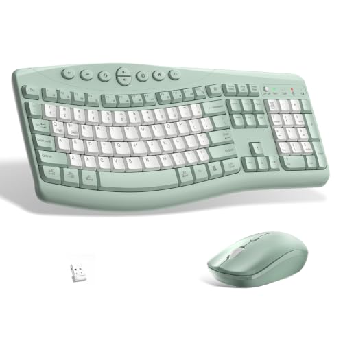 Wireless Keyboard and Mouse Combo,2.4G Full Size Ergonomic Curved Silent Keyboard with Fn Multimedia Keys for Office and Home, 3-DPI Quiet Mouse for Windows,Mac OS Desktop/Laptop/PC (Avocado Green-B) - color: Avocado green-B