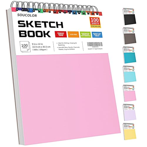 Soucolor Cute Sketch Book 9" x 12" Drawing Paper,Pink Teen Girls Sketchbook | 100 Sheets,68lb Acid-free paper,No Bleed-through,Micro-Perforated,Lay-Flat Top Spiral,Great Gift for Women,School Art - color: Pink, size: 9" x 12" (Pack of 1)