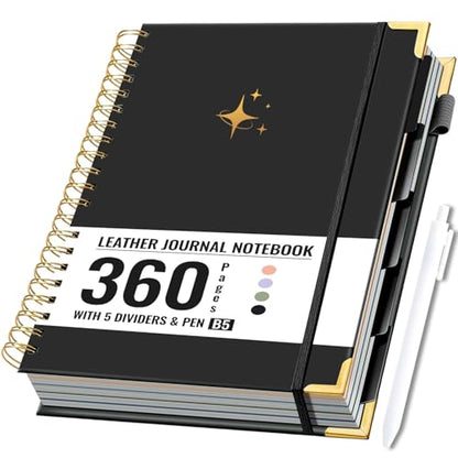 FLYING EAGLE Leather Spiral Notebooks for Work 5 Subject Notebook College Ruled with Dividers Pen, 360 Pages B5 Hardcover Lined Journals for Women Men Writing,Black - color: B.black