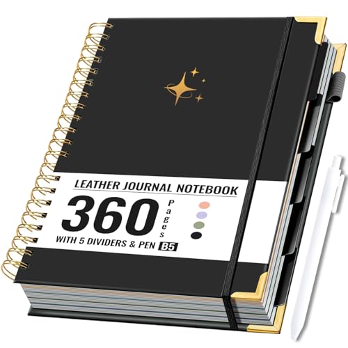 FLYING EAGLE Leather Spiral Notebooks for Work 5 Subject Notebook College Ruled with Dividers Pen, 360 Pages B5 Hardcover Lined Journals for Women Men Writing,Black - color: B.black