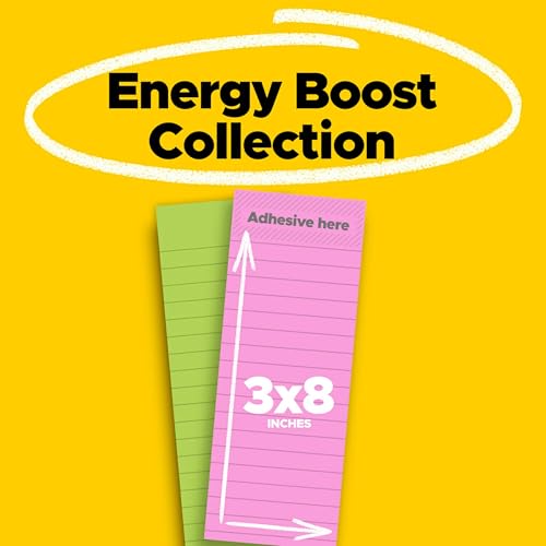 Post-it Super Sticky Notes, 3 in. x 8 in., Energy Boost Collection – 2 Pads/Pack, 45 Sheets/Pad – Lined, Recyclable, Assorted Colors