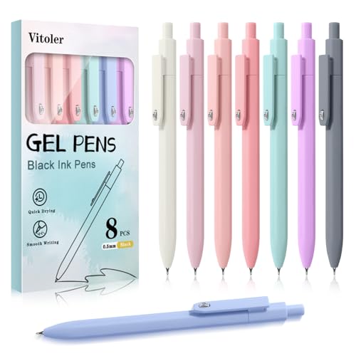 Vitoler Cute Pens, 8 Pack 0.5mm Fine Point Gel Pens with Fidget Quick Dry | For Women, For Teachers, For Nurses, Smooth Writing, Liquid Ink, For Badge, Black ink, Felt Tip, Medium Point, For Journaling - color: Morandi B