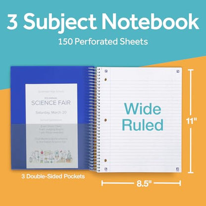 Oxford Spiral Notebook with Free Study App, 3 Subject, Wide Ruled, Ultra Smooth Paper, No Ink Bleed-Through, Strong Poly Blue Cover, 3 Durable 2 Sided Pockets, 150 Easy Perforated 8.5" x 11" Sheets - color: Blue