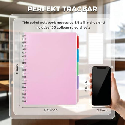 Koogel Spiral Notebook with Tabs, 5 Subject Spiral Notebook Wide Ruled with Removable Dividers, 200Pages Lined Journals for Women Journals Note Taking Work School Gifts, 8.5x11Inch, Pink - color: pink
