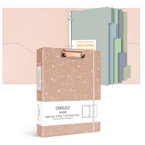 Ospelelf 3 Ring Binder 1 Inch, Vintage Leather Clipboard Binder Organizer for Letter Size (8.5" x 11"), Professional Binder Organizer Dividers with 5 Tabs, Rose Gold - color: Glitter Rose Gold, size: Letter Size - 1 Inch