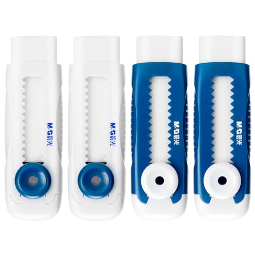 M&G 4 Pack Erasers Sliding Retractable Eraser, Soft White Color Cute Erasers Push Pull Eraser with Plastic Sleeve for Students Kids, School Office Home Supplies - color: Blue + White
