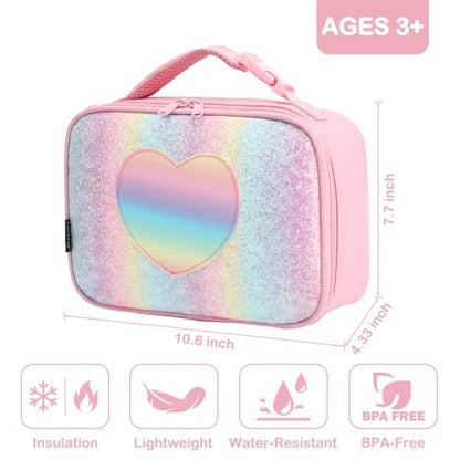 FlowFly Kids Lunch box Insulated Soft Bag Mini Cooler Back to School Thermal Meal Tote Kit for Girls, Boys, Glitter-RainBow - color: Glitter&Rainbow
