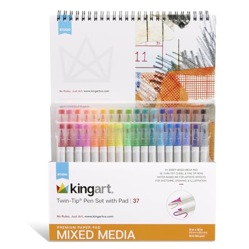 KINGART Twin-Tip Pen Set 36 Vivid Colors + 9x12 Mixed Media Pad 24 Sheets. Water-Based Ink; Broad Chisel & Fine Tips for Art, Lettering, Blending, & Detail. - color: Twin Tip Pens