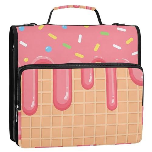 Ice Cream Zipper Binder with Shoulder Strap, 500 Sheets Capacity, Multiple Pockets 1.5Inch 3 Ring Zipper Binder - color: Ice Cream