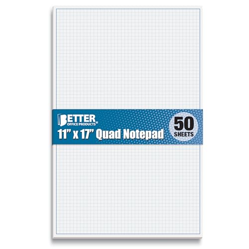 Graph Paper Pad, 17" x 11", 50 Sheets, Blue Line Border, Blueprint Paper, Double Sided, White, 4x4 Blue Quad Rule, Easy Tear Sheets, Grid Paper, Graph Paper by Better Office Products - size: 11 x 17-inch