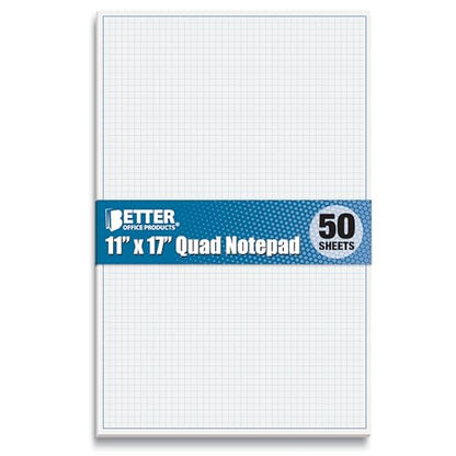 Graph Paper Pad, 17" x 11", 50 Sheets, Blue Line Border, Blueprint Paper, Double Sided, White, 4x4 Blue Quad Rule, Easy Tear Sheets, Grid Paper, Graph Paper by Better Office Products - size: 11 x 17-inch