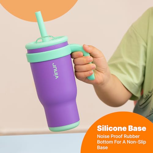 VINUR Kids Tumbler with Handle-14 oz Stainless Steel Double Wall Vacuum Tumbler with Straw, Travel Leak Proof Water Cup with Lid (Rose Pink) - color: Rose Pink-Teal, size: 14 Ounces