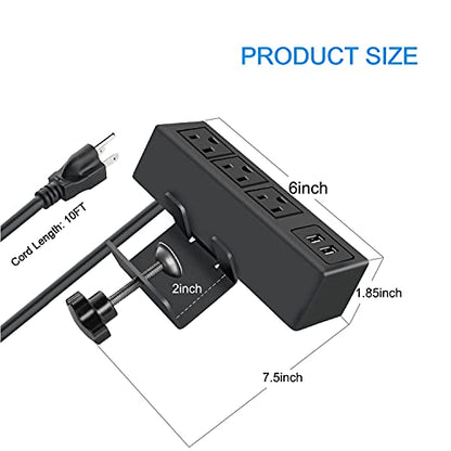 3 Outlet Desk Clamp Power Strip, Desktop Power Strip with USB Ports, Desk Mount USB Charging Power Station, on Desk Edge Power Outlet 125V 12A 1500W, 10 FT Desk Outlet Strip. (10FT, Black) - color: Black, size: 10FT