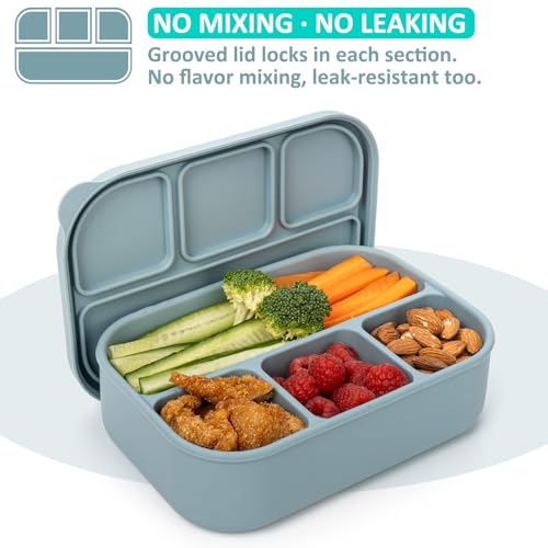 100% Silicone Bento Box Adult with 4 Compartments, 32oz, Reusable Divided Lunch Box Meal Prep Snack Containers for Food Storage, BPA-Free, Plastic-Free, Microwave Dishwasher safe, Nile Blue, 1 Pack - color: Nile Blue | 32oz | 4-Compartment
