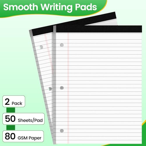 3 Hole Legal Pad 8.5 x 11, 2 Pack White Note Pads, Notebook Paper Wide Ruled, Writing Paper Pads, Notepads with Binder Holes, Lined Paper 8.5x11.75, Ideal for School, Home, Office, 50 Sheets/Pack - style: 2 Pack-50 Sheets/Pad-White