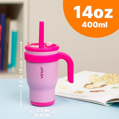VINUR Kids Tumbler with Handle -14 oz Stainless Steel Vacuum Insulated Leak Proof Travel Tumbler with 2-in-1 Straw Lid-Gifts for Girls, Purple Pink - color: Purple Pink, size: 14 Ounces