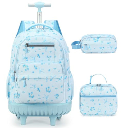ACESAK Rolling Backpack for Girls - Roller Wheels School bag with Lunch Bag & Pencil Pouch for Teen Girls Kids Wheeled Suitcase Backpacks, Elementary Middle School Travel Daypack (Blue Bow) - color: Blue Bow