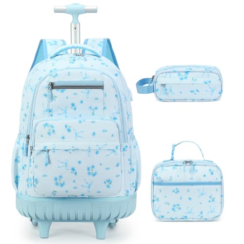 ACESAK Rolling Backpack for Girls - Roller Wheels School bag with Lunch Bag & Pencil Pouch for Teen Girls Kids Wheeled Suitcase Backpacks, Elementary Middle School Travel Daypack (Blue Bow) - color: Blue Bow